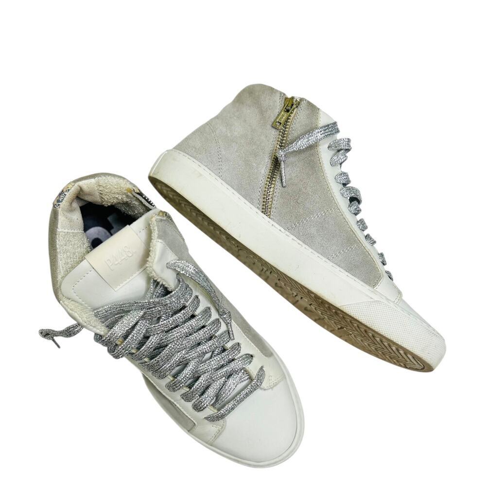 P448 Womens High Top Gray Suede White Leather Metallic Lace Up Sneakers 38